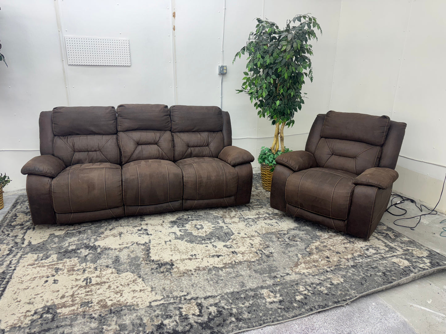Couch & Recliner Set – Brown Microsuede Electric Reclining Sofa and Armchair