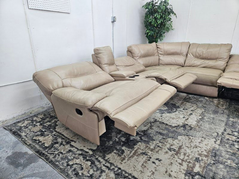 Beige Leather 6-Piece Modular Sofa with 3 Recliners