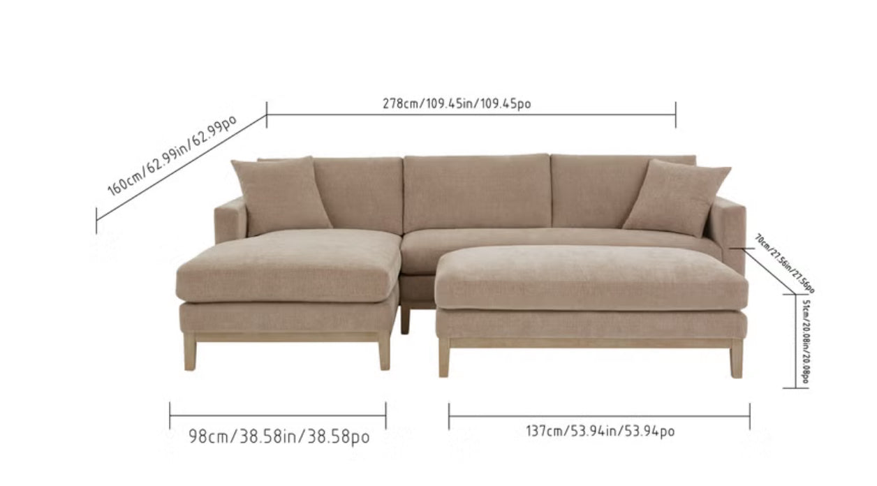 Down-Filled Mid-Century Modern Taupe Fabric L-Shape Sectional with Ottoman