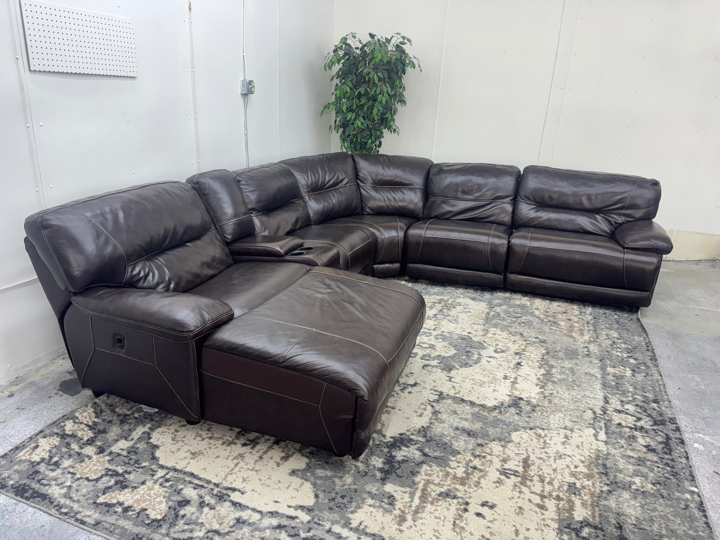 Brown 6-Piece Leather Modular Sectional Sofa w/ 2 Recliners & Reclining Chaise