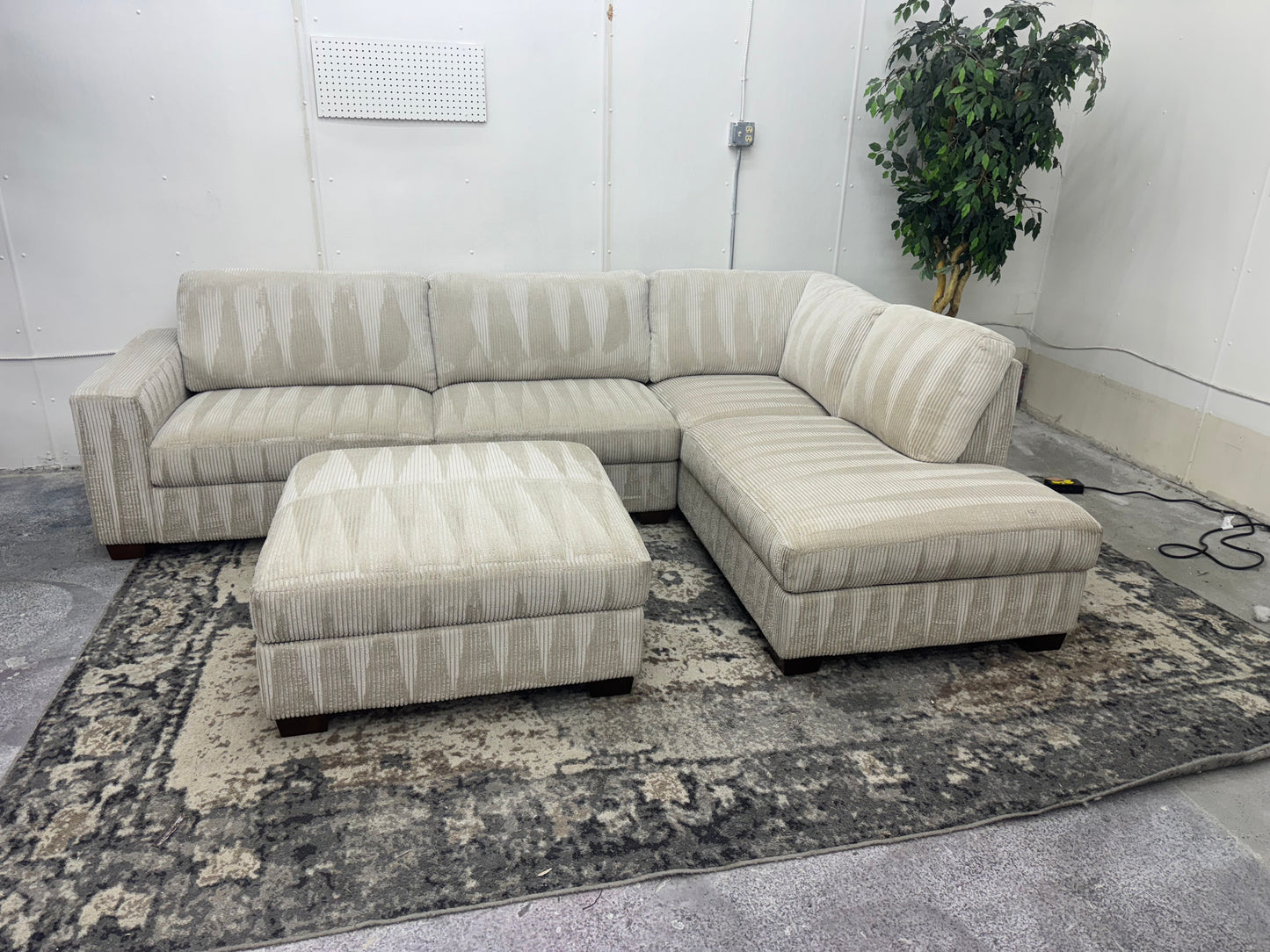 LIKE NEW Plush Beige Corduroy L Shape Sectional Sofa with Ottoman