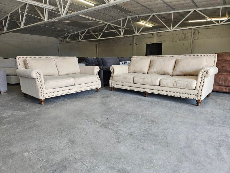 Couch and Loveseat Set - Beige Sofa and Loveseat with Ornate Trim