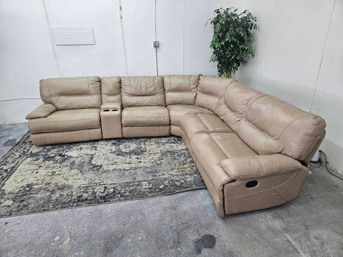 Beige Leather 6-Piece Modular Sofa with 3 Recliners