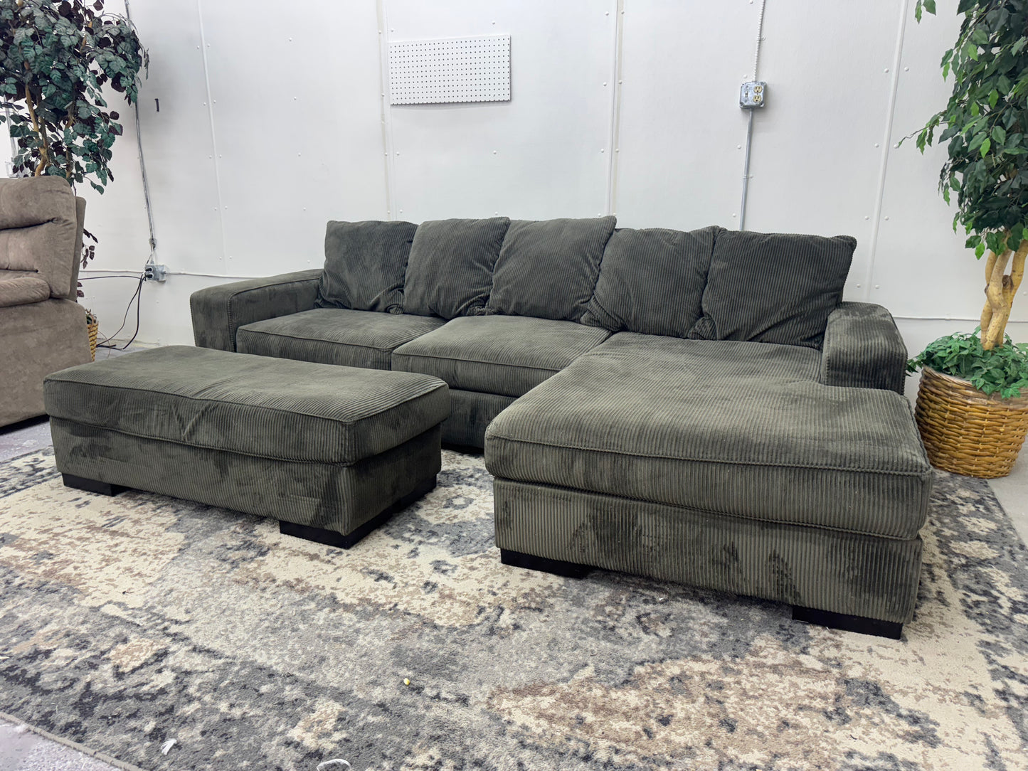 Gray L Shape Corduroy Sectional with Ottoman