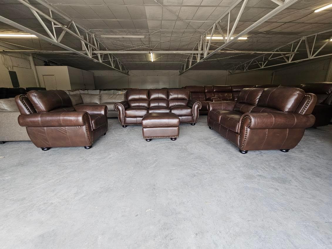 Brown Leather Living Room Set with Couch, Loveseat, Chair + Ottoman