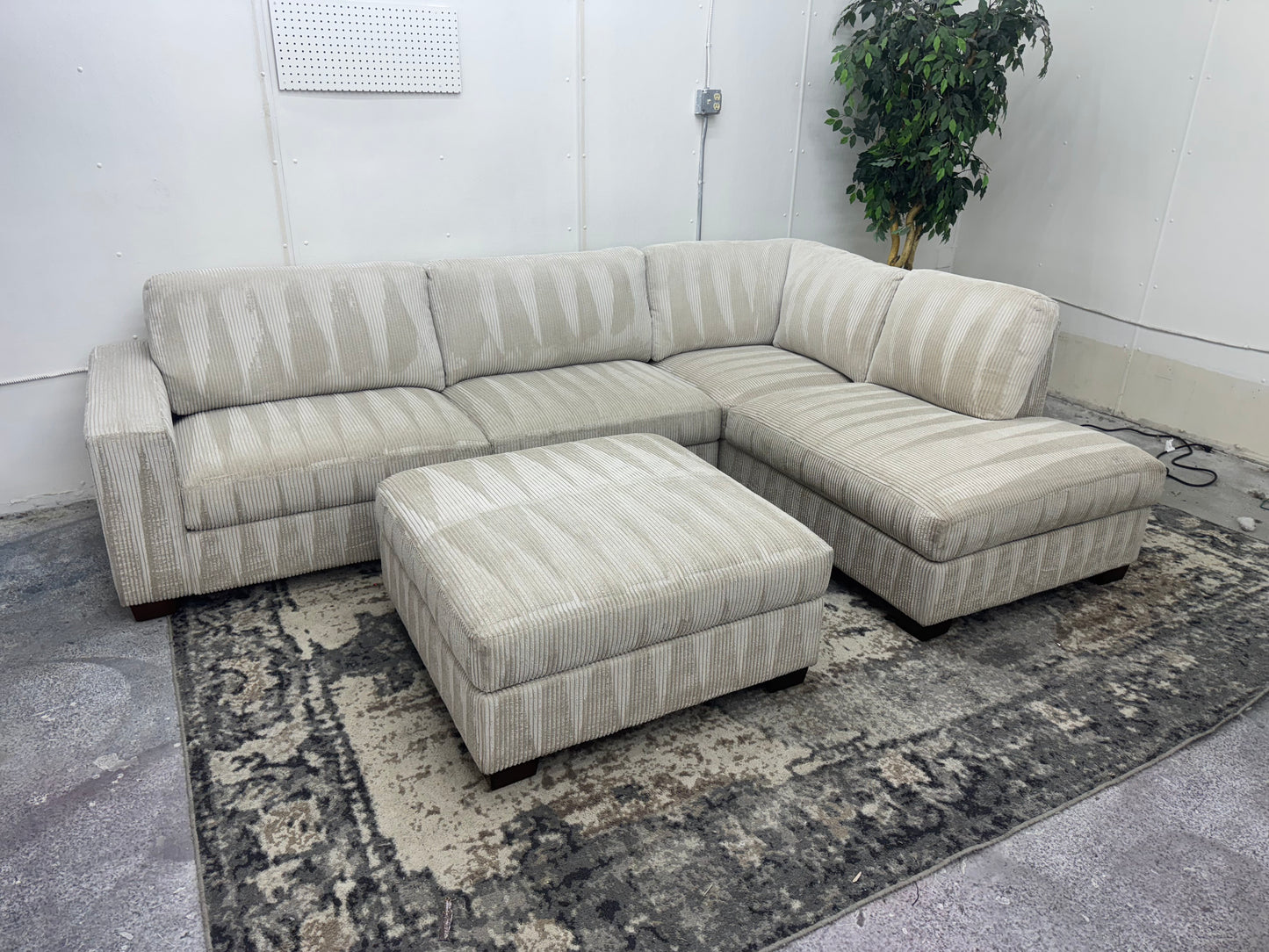 LIKE NEW Plush Beige Corduroy L Shape Sectional Sofa with Ottoman
