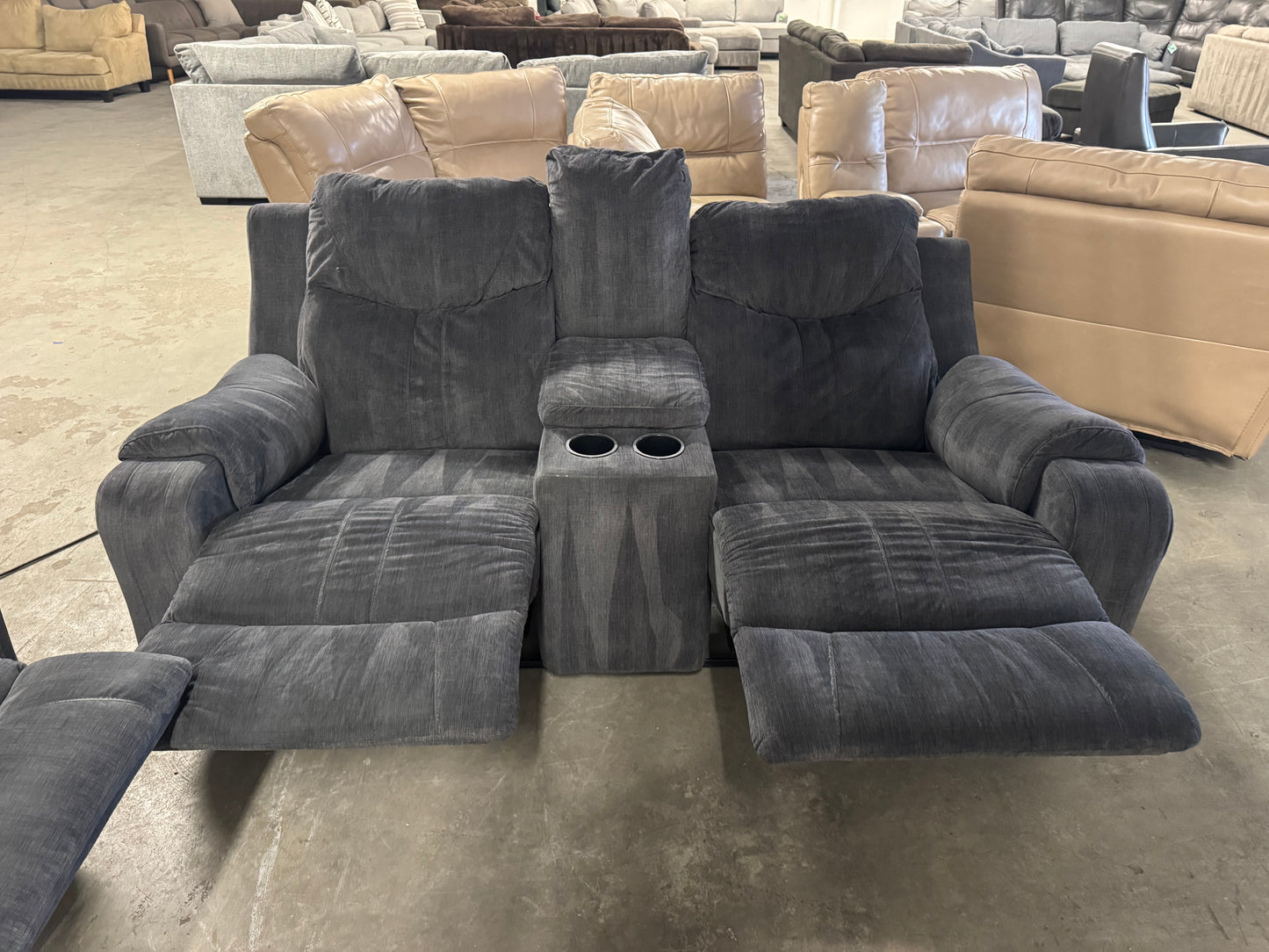 Couch + Loveseat Set – Dark Blue Fabric Power Recliners