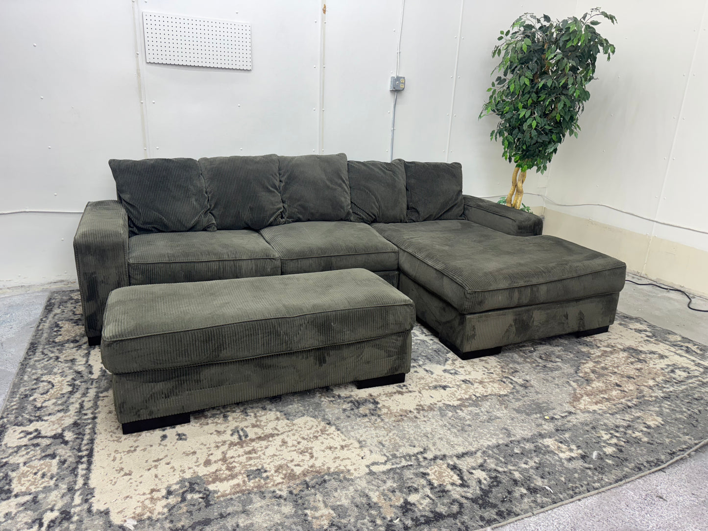 Gray L Shape Corduroy Sectional with Ottoman