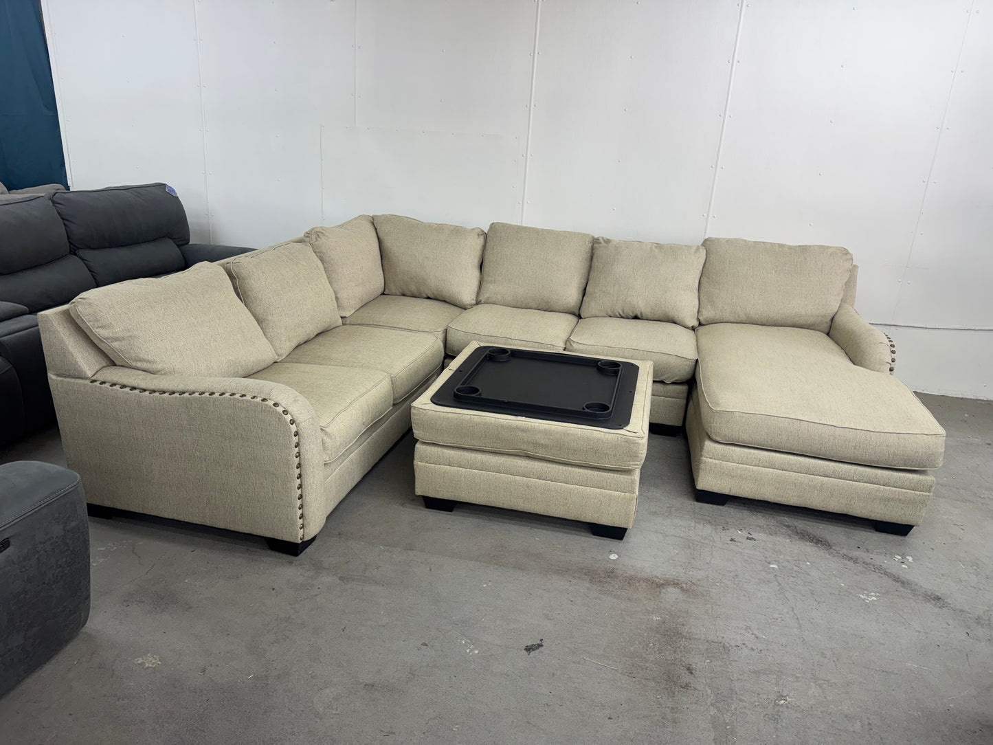 Beige U Shape Sectional with Storage Ottoman / Coffee Table