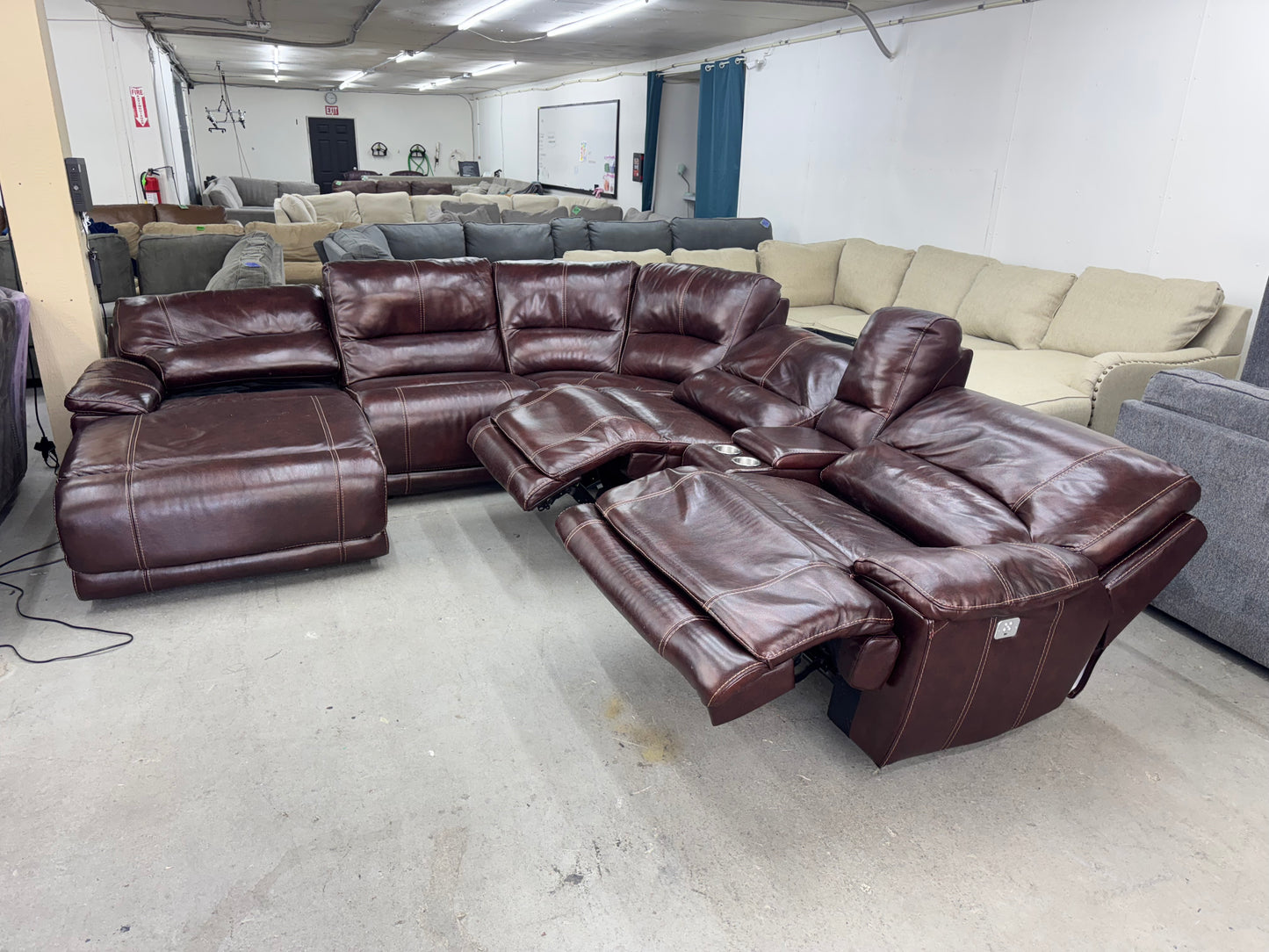 Leather Mahogany 6 Piece Modular Sofa w/ Reclining Chaise & 2 Power Recliners