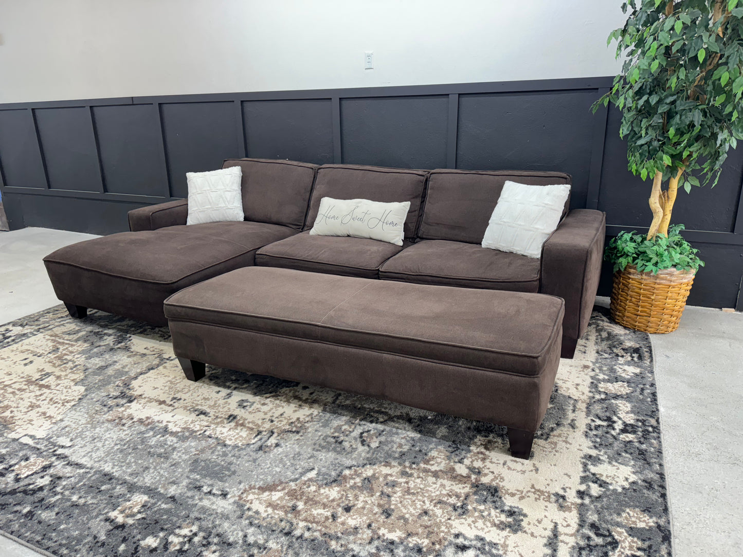 Large Brown Sectional Couch with Storage Ottoman