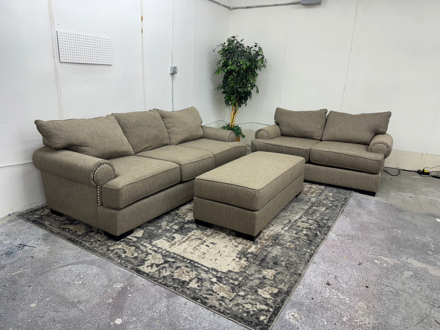 Brown Sofa & Loveseat w/ Ornate Trim