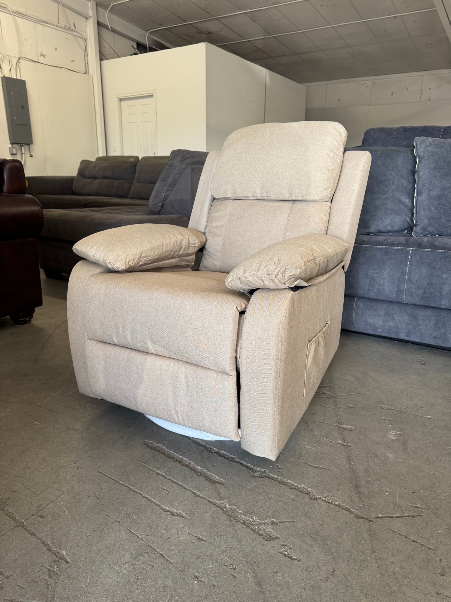 Brand New Beige Fabric Swivel Recliner