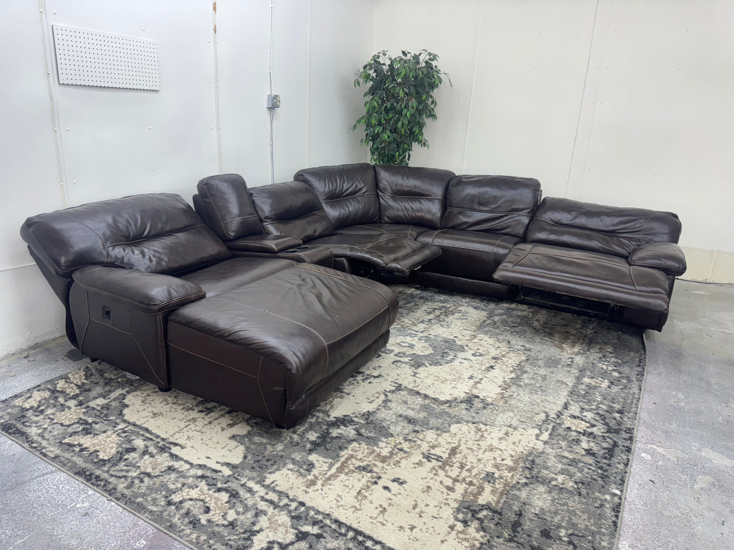 Brown 6-Piece Leather Modular Sectional Sofa w/ 2 Recliners & Reclining Chaise