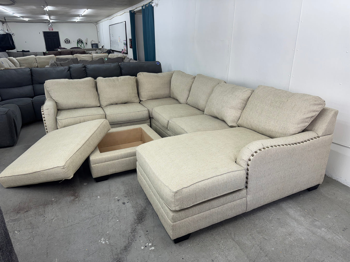 Beige U Shape Sectional with Storage Ottoman / Coffee Table