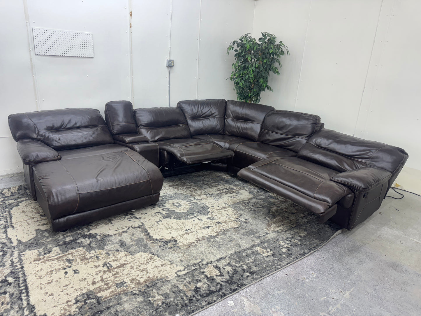 Brown 6-Piece Leather Modular Sectional Sofa w/ 2 Recliners & Reclining Chaise
