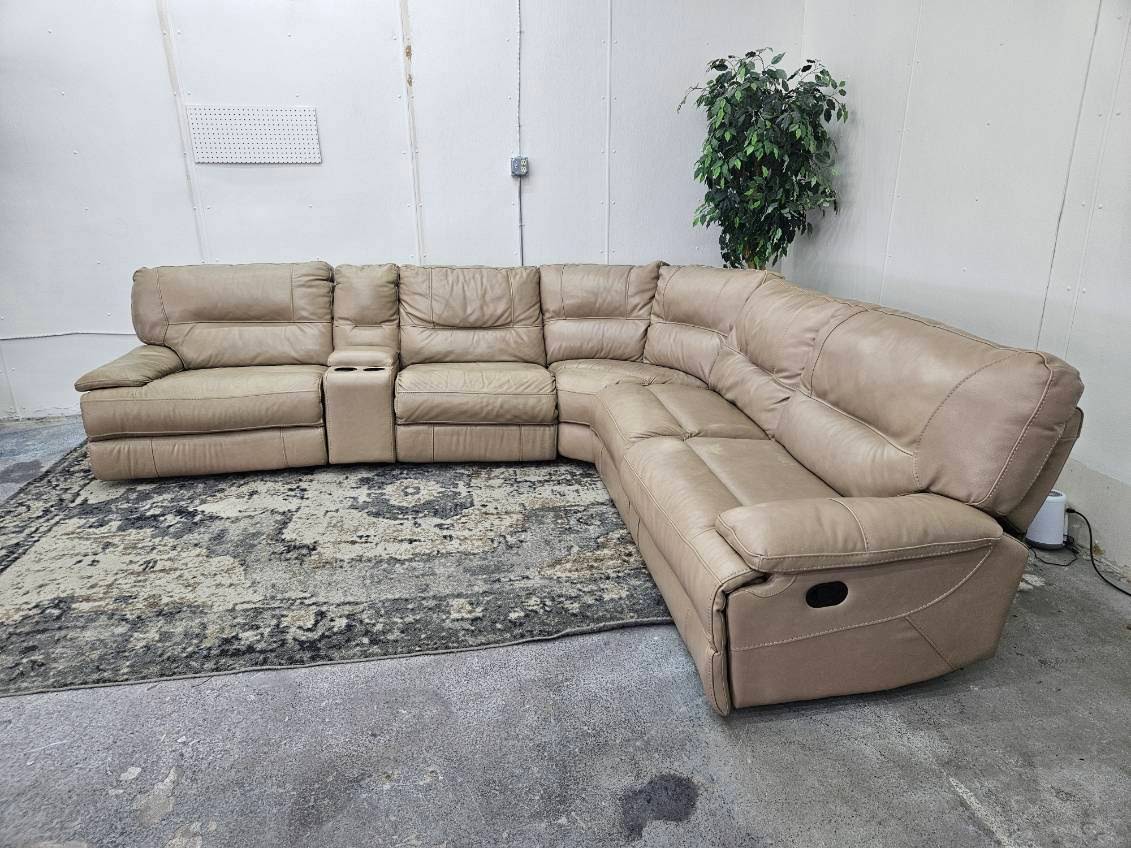 Beige Leather 6-Piece Modular Sofa with 3 Recliners