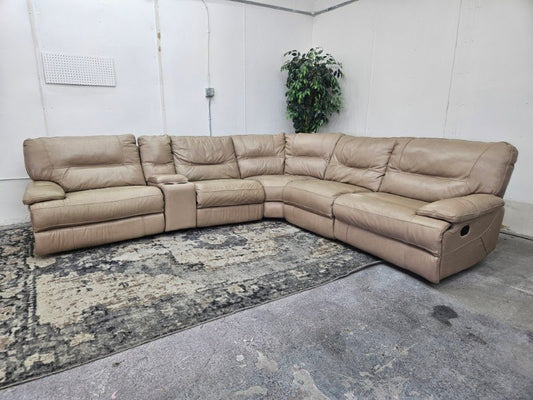 Beige Leather 6-Piece Modular Sofa with 3 Recliners