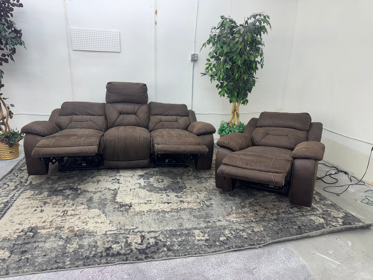 Couch & Recliner Set – Brown Microsuede Electric Reclining Sofa and Armchair