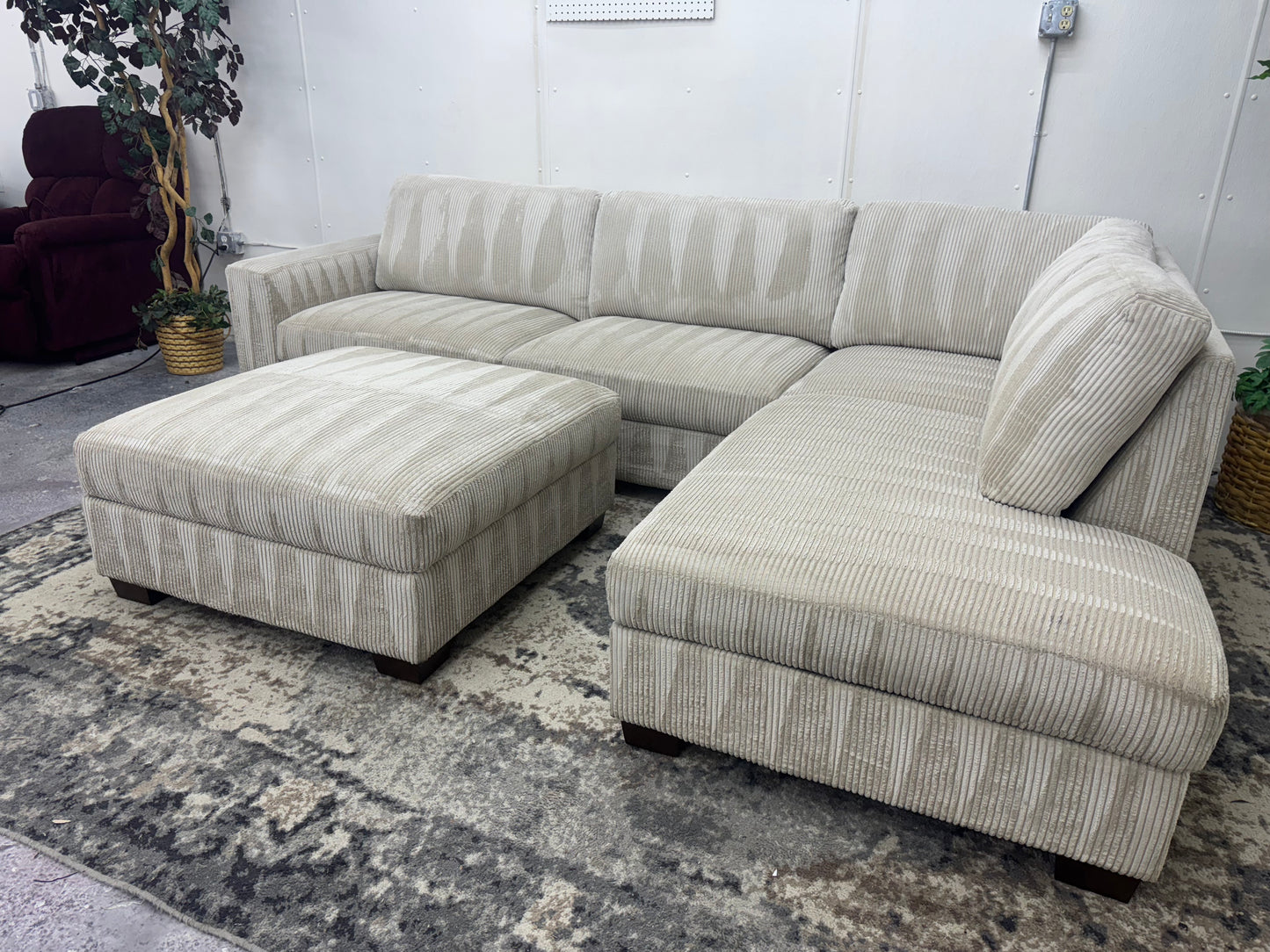 LIKE NEW Plush Beige Corduroy L Shape Sectional Sofa with Ottoman
