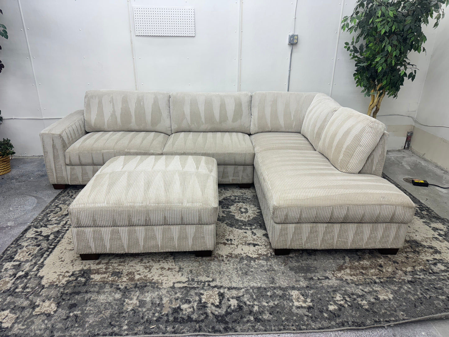 LIKE NEW Plush Beige Corduroy L Shape Sectional Sofa with Ottoman