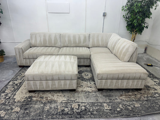LIKE NEW Plush Beige Corduroy L Shape Sectional Sofa with Ottoman