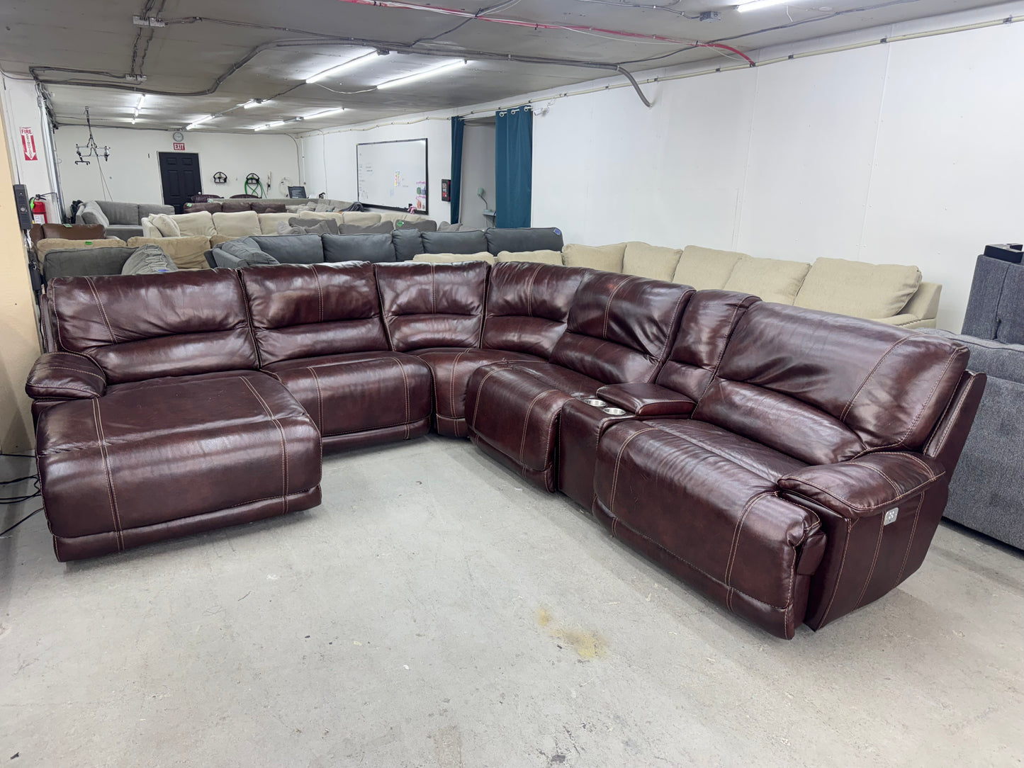 Leather Mahogany 6 Piece Modular Sofa w/ Reclining Chaise & 2 Power Recliners