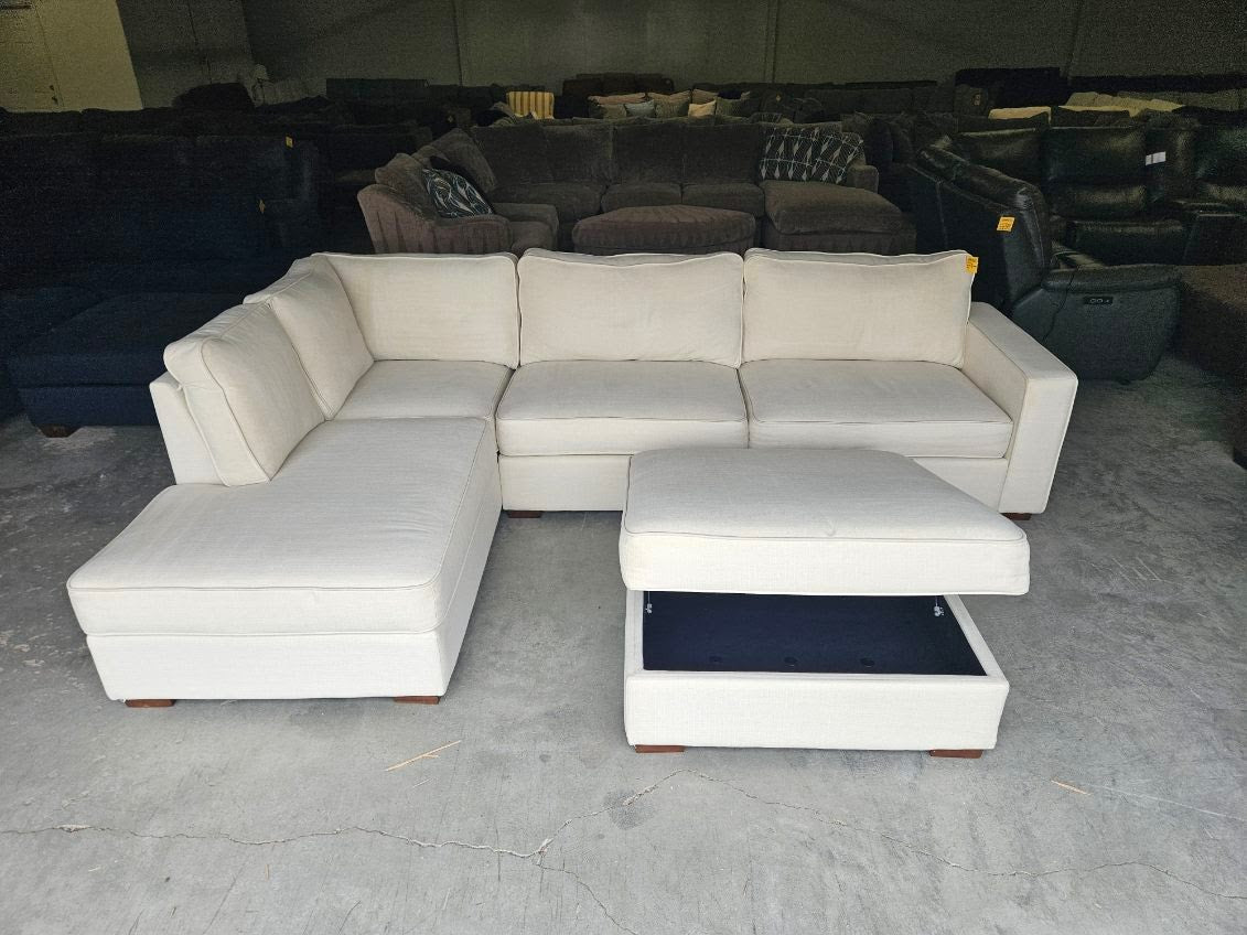 Beige Linen L-Shaped Sofa with Storage Ottoman