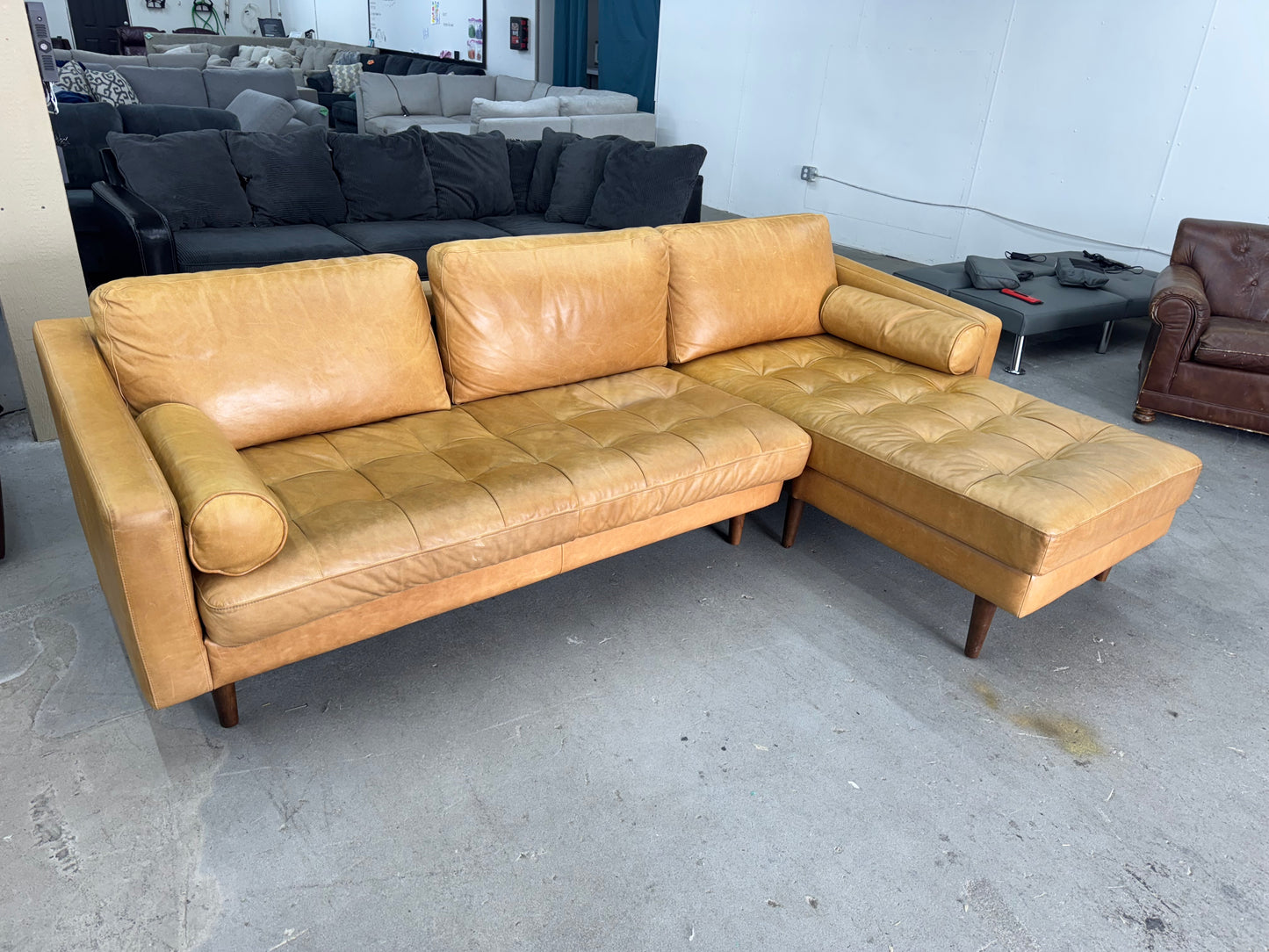 Poly and Bark Camel Brown Leather Sectional Couch