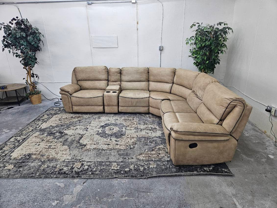 Beige Modular Microfiber Sectional Couch / Sofa with 3 Recliners