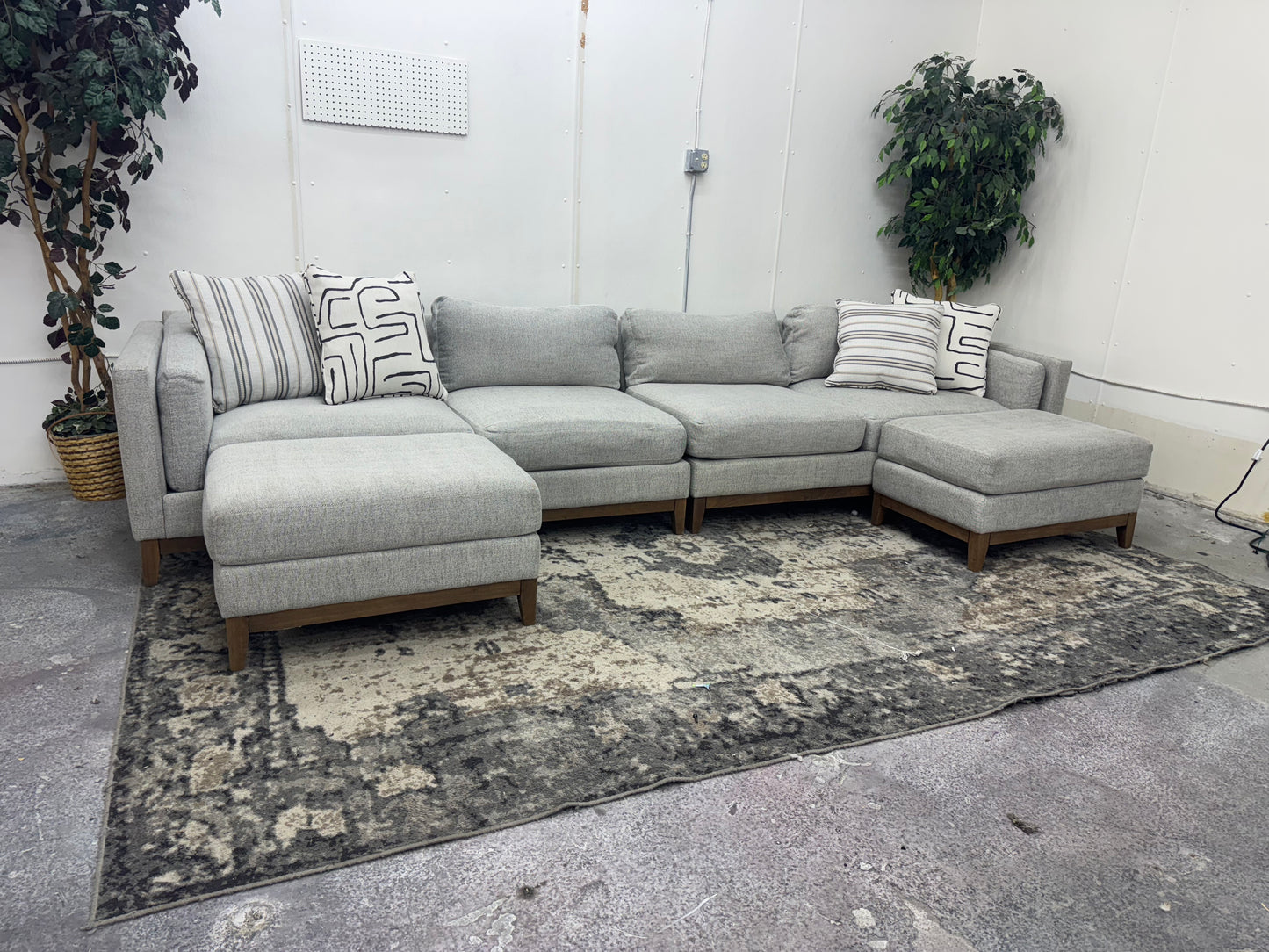 Huge Light Gray Mid-Century Modern Sofa w/ Two Ottomans