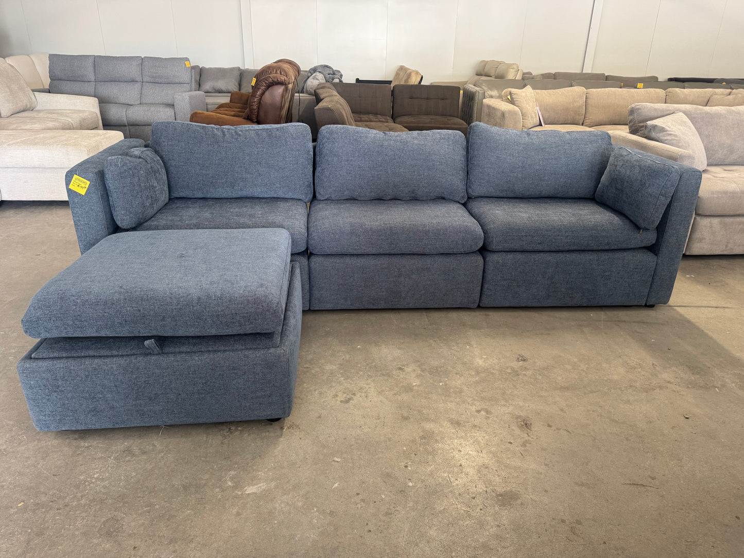 Denim Blue Modular Sofa with Storage Ottoman