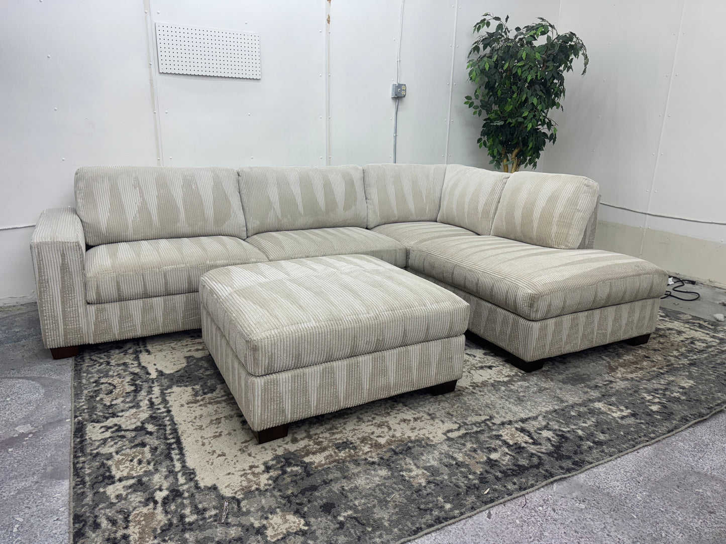 LIKE NEW Plush Beige Corduroy L Shape Sectional Sofa with Ottoman