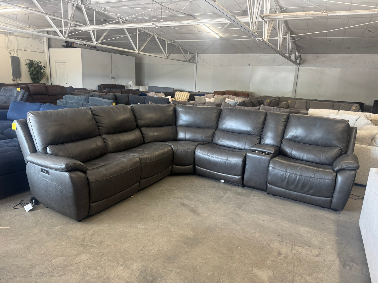 Charcoal Gray Leather 6-Piece Modular Sectional w/ 3 Power Recliners