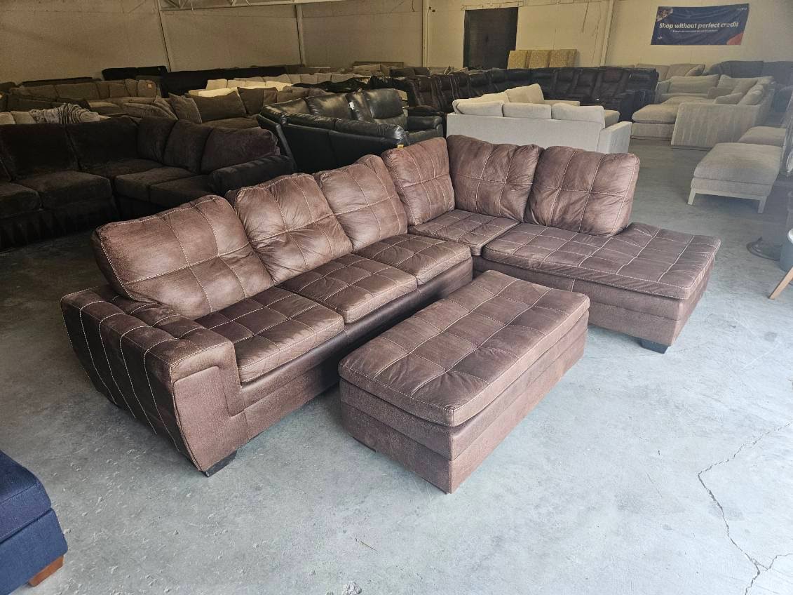 Brown L-Shaped Sectional with Ottoman