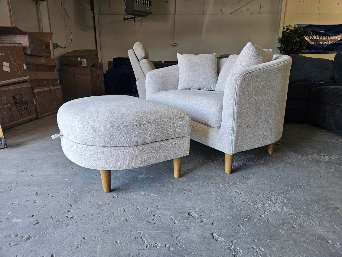 Beige Gray Accent Chair with Storage Ottoman