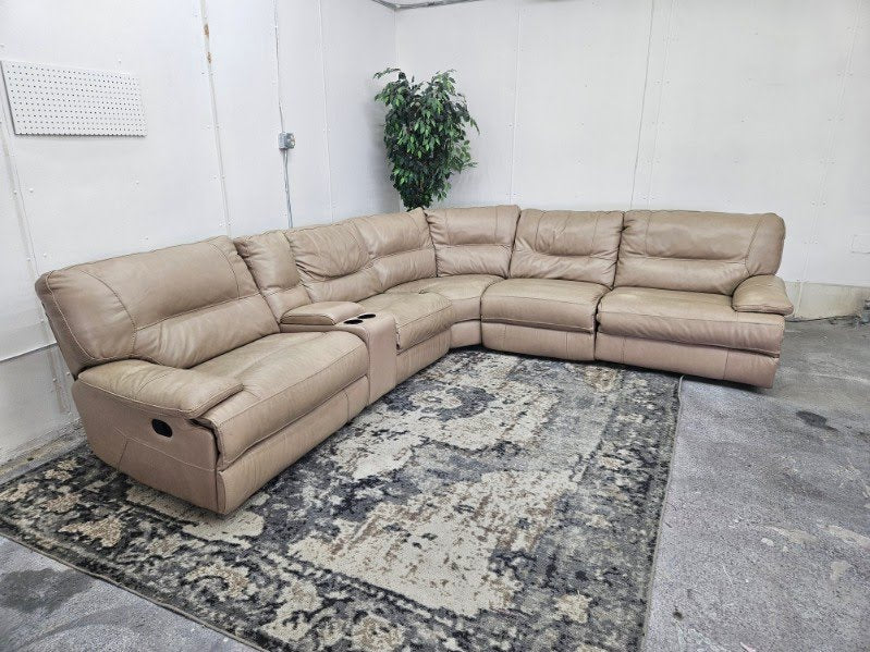Beige Leather 6-Piece Modular Sofa with 3 Recliners