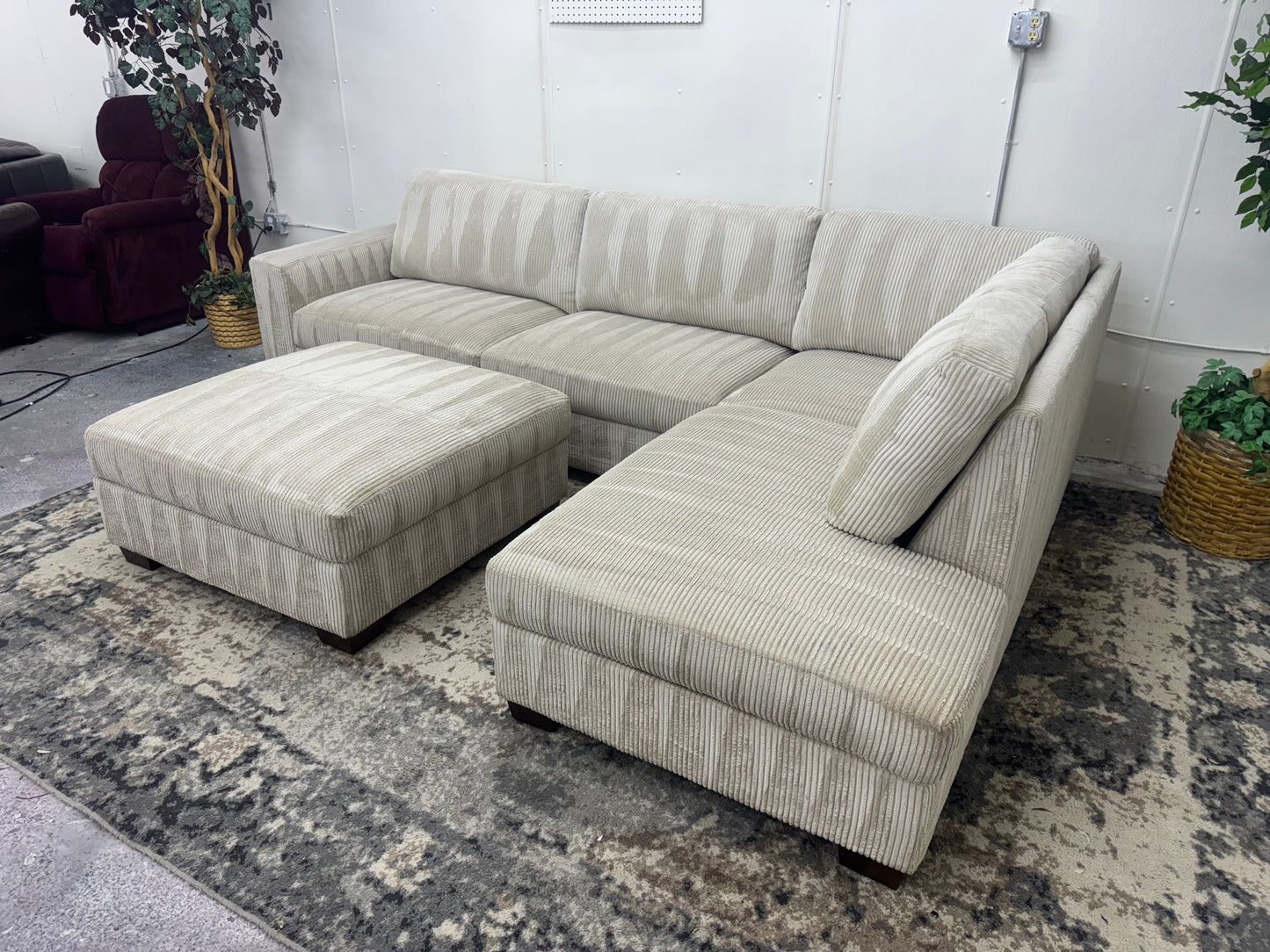 LIKE NEW Plush Beige Corduroy L Shape Sectional Sofa with Ottoman