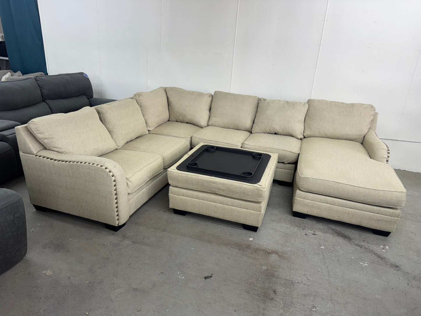Beige U Shape Sectional with Storage Ottoman / Coffee Table