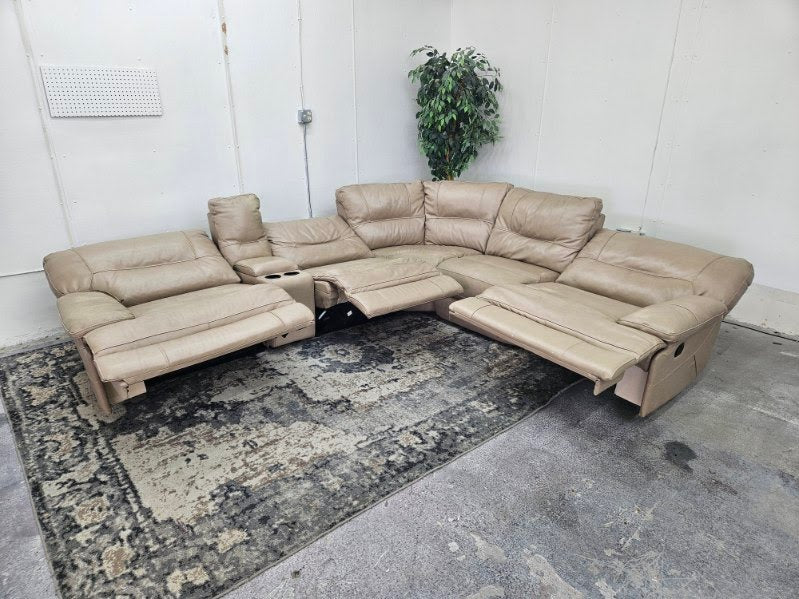 Beige Leather 6-Piece Modular Sofa with 3 Recliners