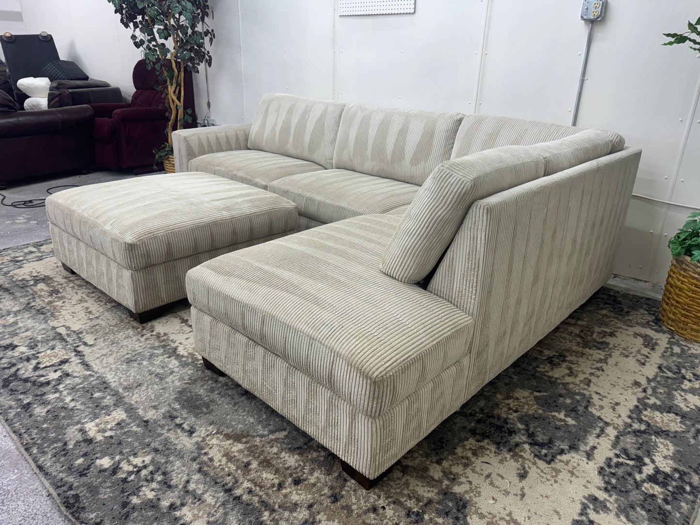 LIKE NEW Plush Beige Corduroy L Shape Sectional Sofa with Ottoman