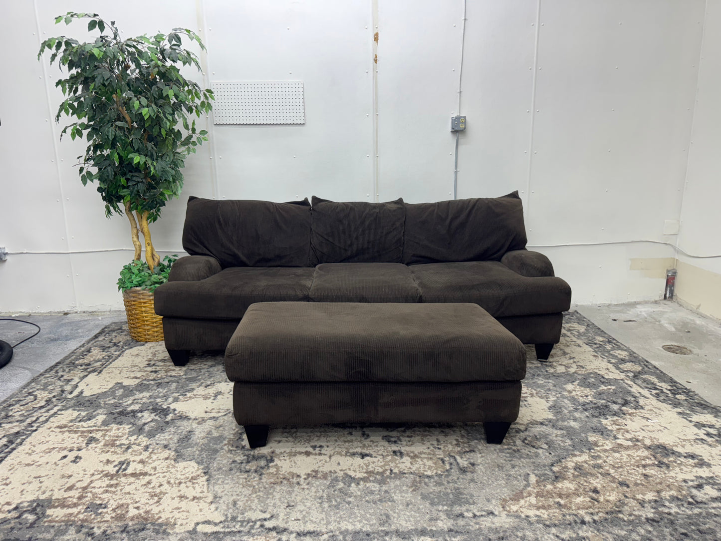 Brown Corduroy Sofa with Ottoman