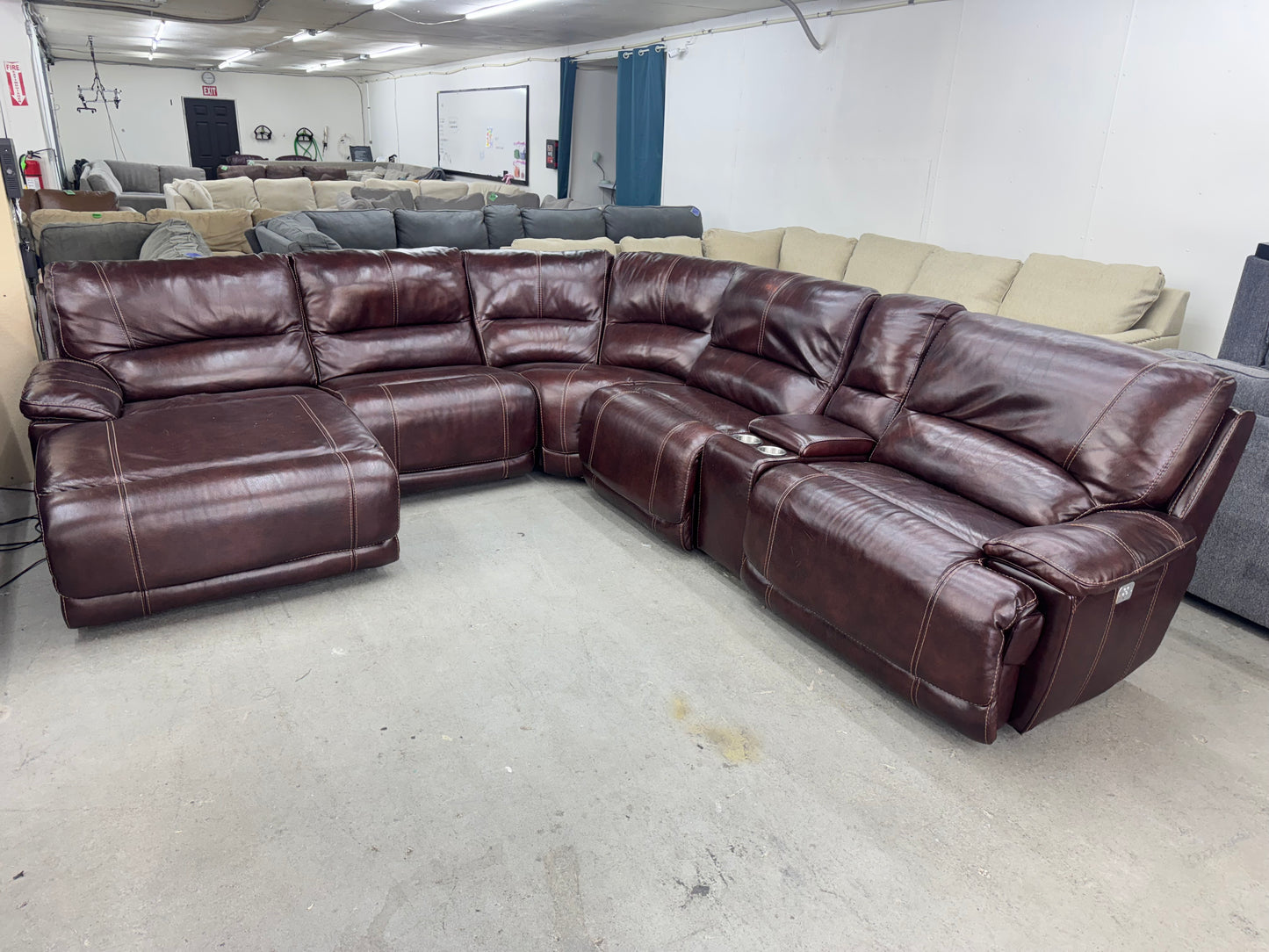 Leather Mahogany 6 Piece Modular Sofa w/ Reclining Chaise & 2 Power Recliners