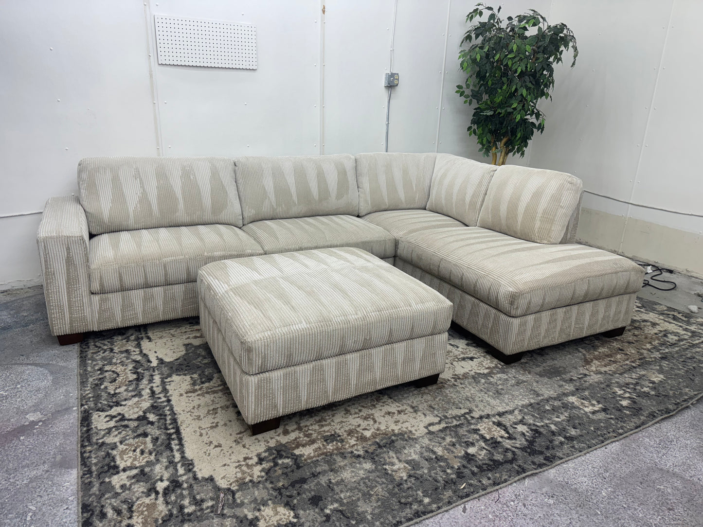 LIKE NEW Plush Beige Corduroy L Shape Sectional Sofa with Ottoman