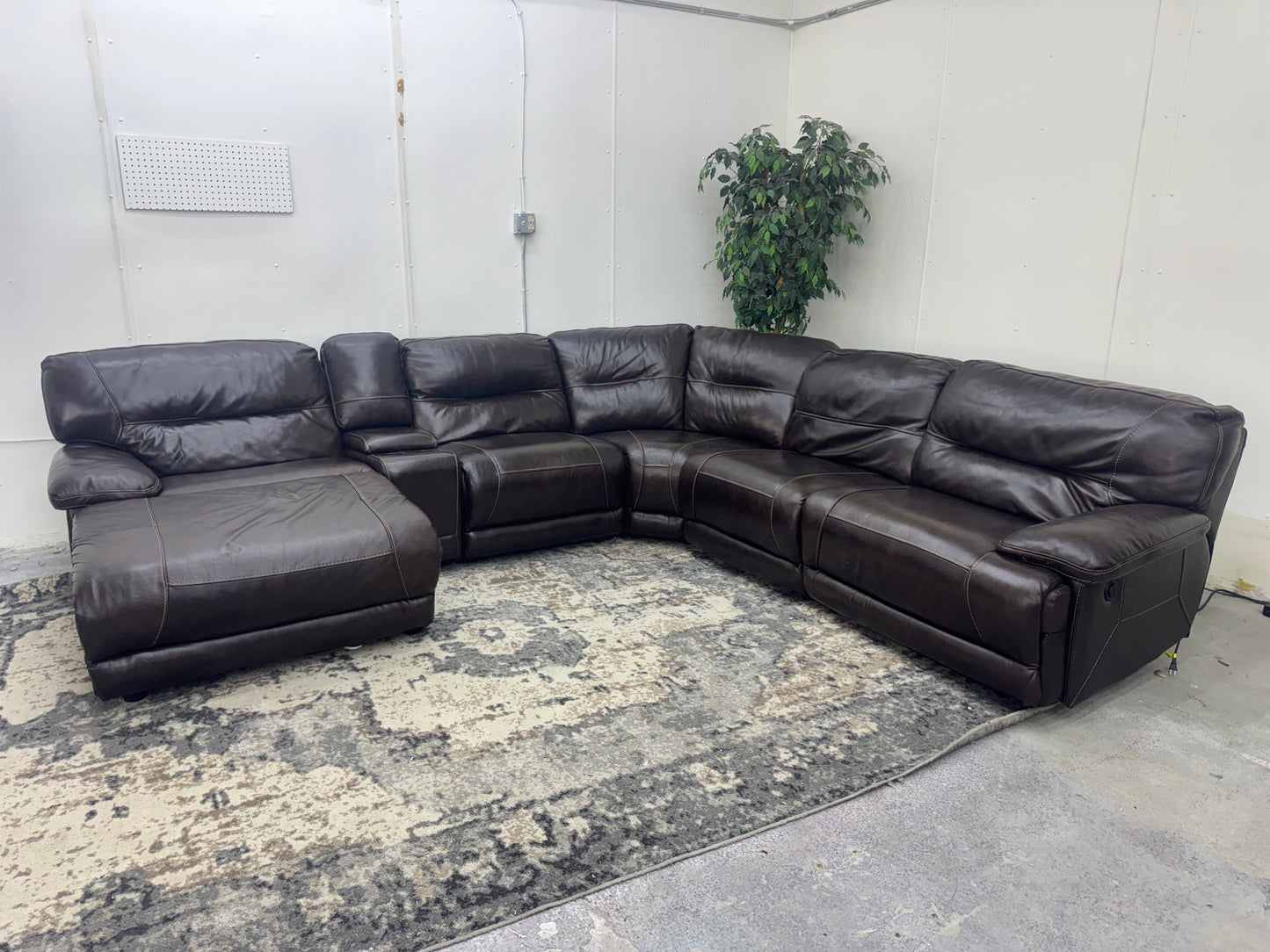 Brown 6-Piece Leather Modular Sectional Sofa w/ 2 Recliners & Reclining Chaise