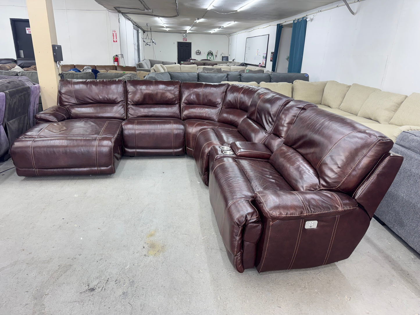 Leather Mahogany 6 Piece Modular Sofa w/ Reclining Chaise & 2 Power Recliners