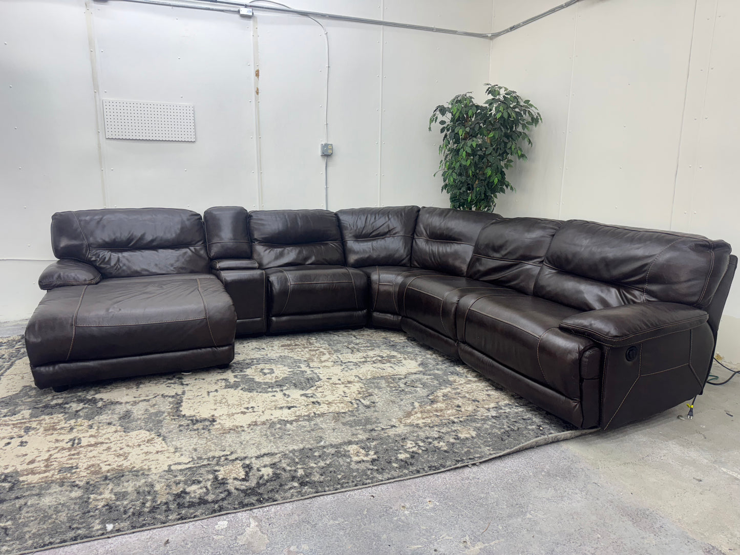 Brown 6-Piece Leather Modular Sectional Sofa w/ 2 Recliners & Reclining Chaise