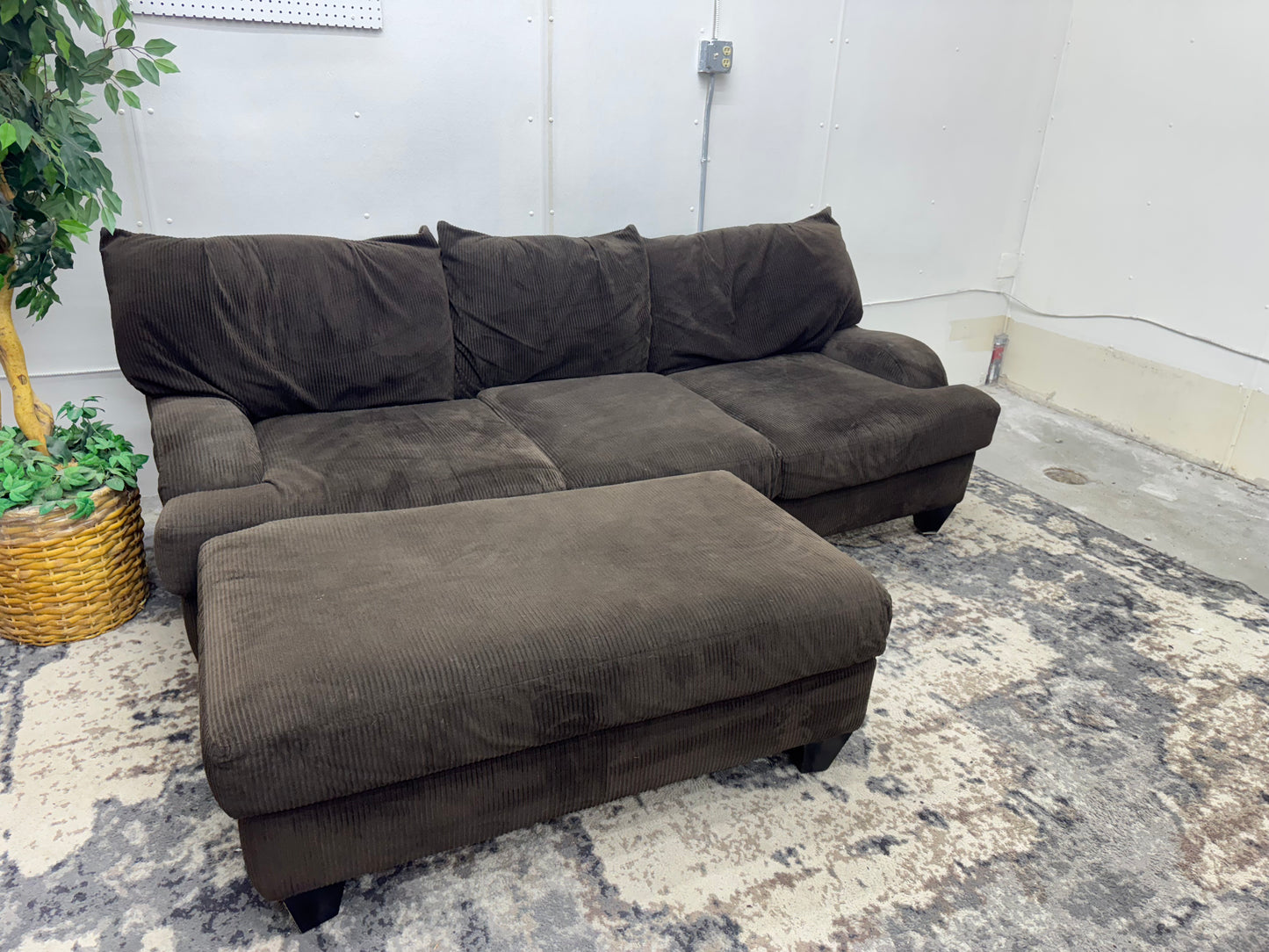 Brown Corduroy Sofa with Ottoman
