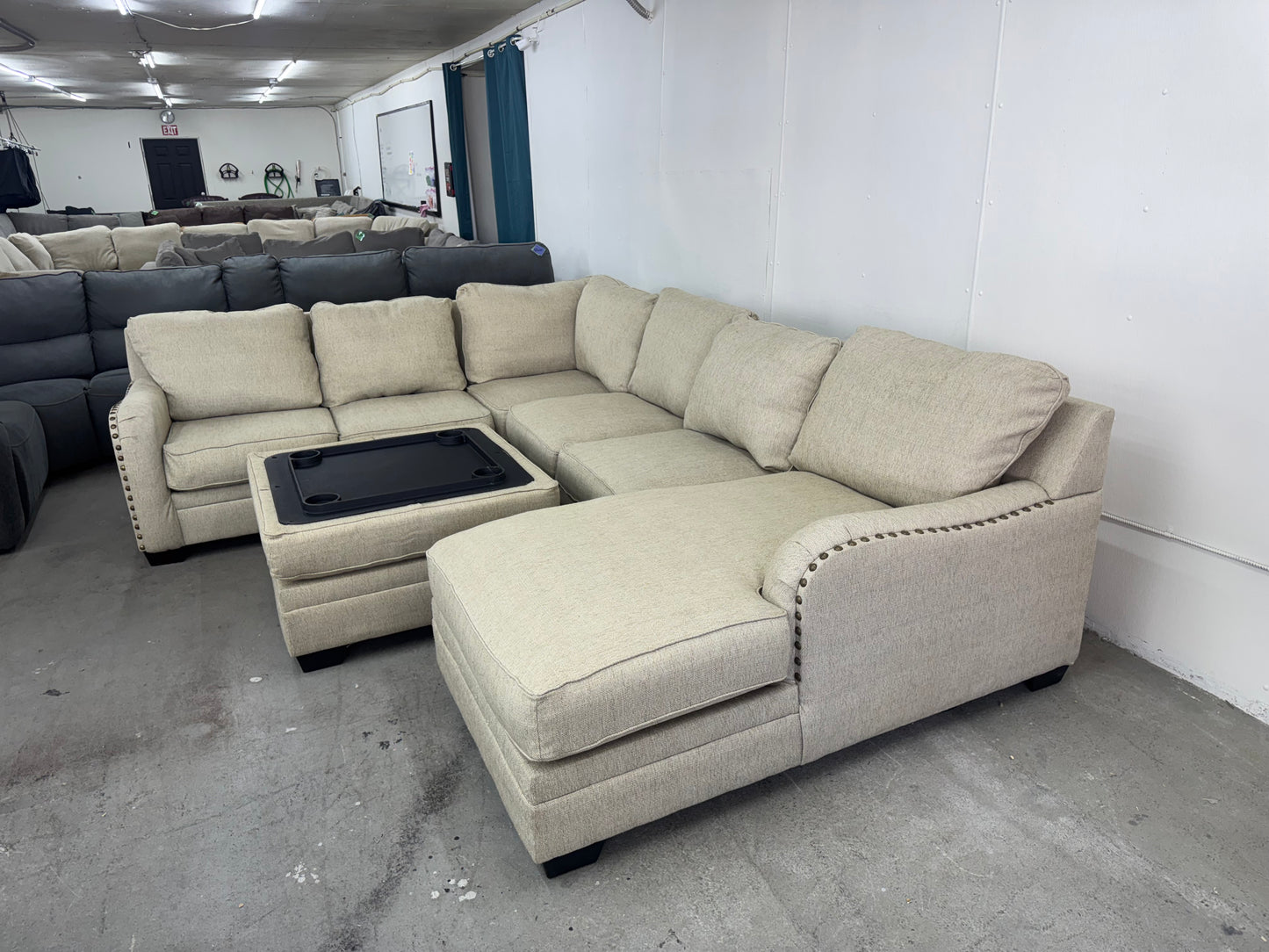 Beige U Shape Sectional with Storage Ottoman / Coffee Table