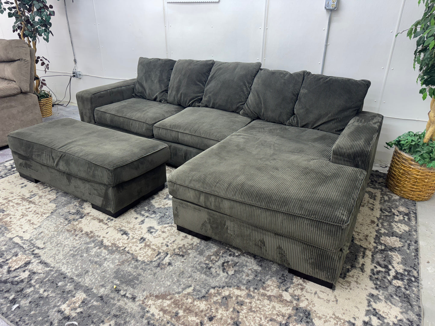Gray L Shape Corduroy Sectional with Ottoman